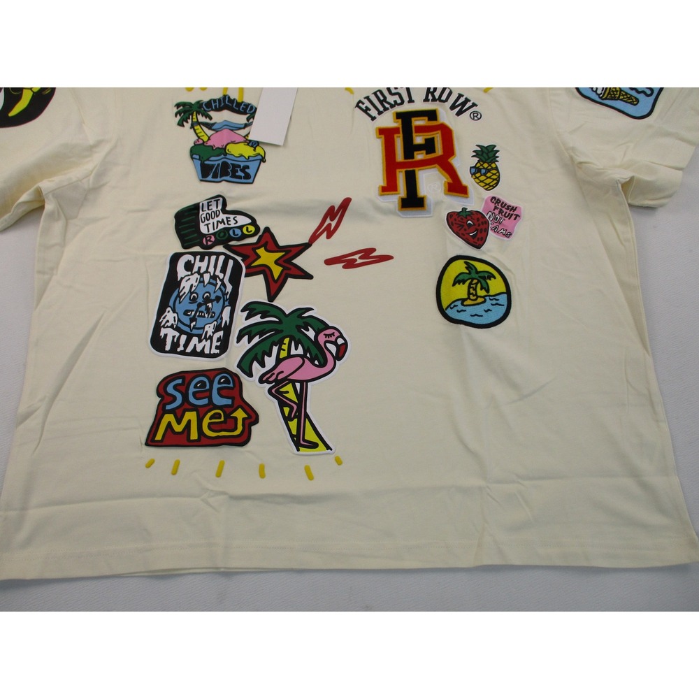 First Row T-Shirt Mens 2XL Beige Multi-Graphic Patch Varsity Streetwear Tee NEW - Picture 4 of 11